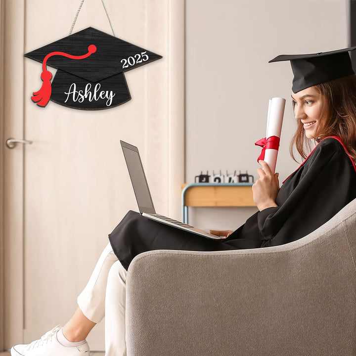Personalized Graduation Door Hanger 2025 Graduation Gift - Wooden Grad Cap Sign