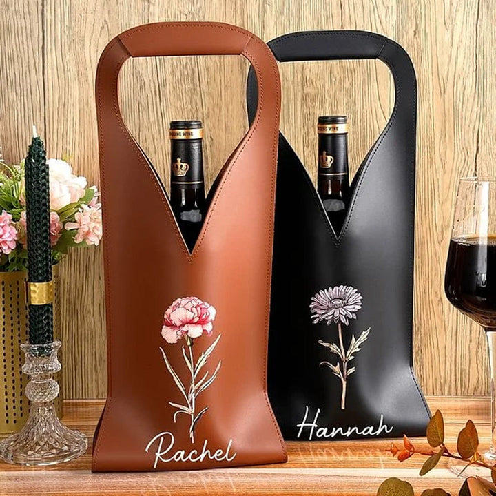 Personalized Birthday Flower Leather Wine Bag