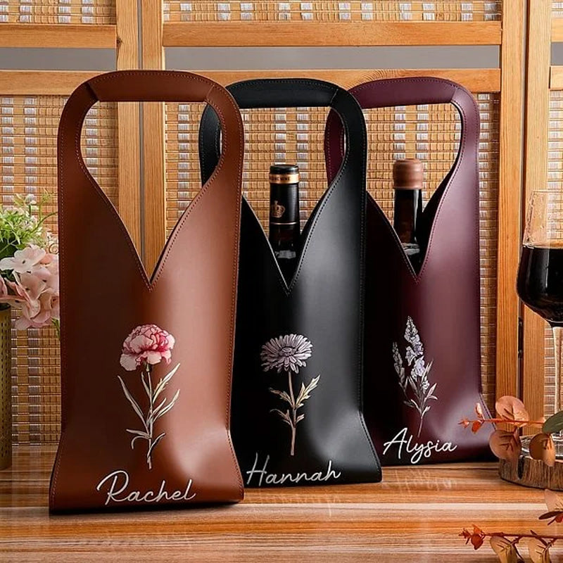 Personalized Birthday Flower Leather Wine Bag