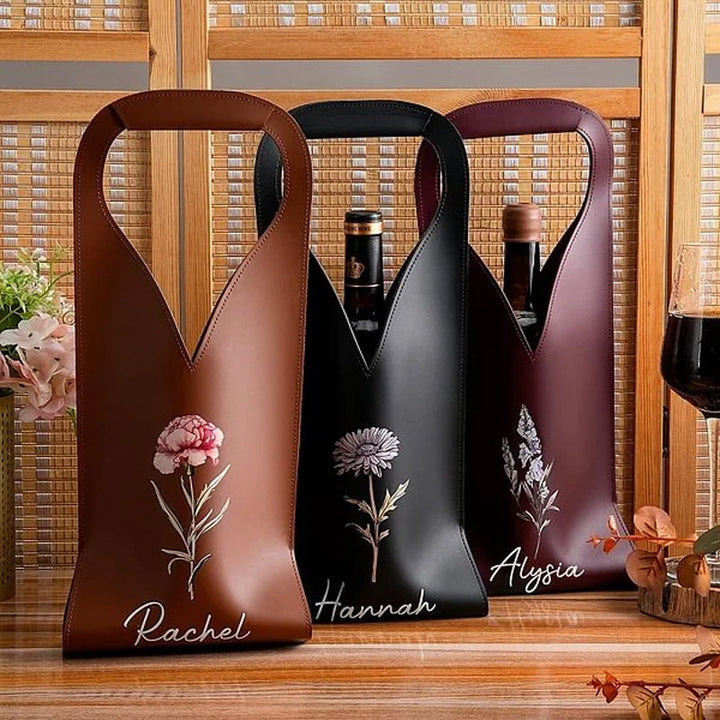 Personalized Birthday Flower Leather Wine Bag