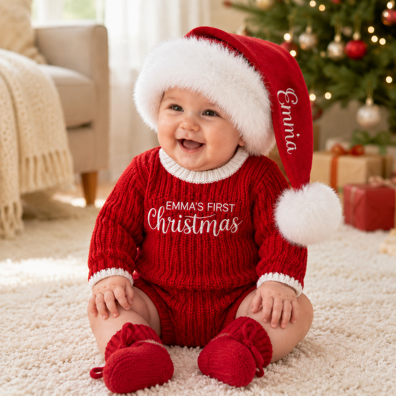 Personalized Baby’s First Christmas Organic Cotton Knit Romper