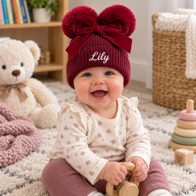 Personalized Baby Double Pom-Pom Knit Hat with Bow – Custom Embroidered Name