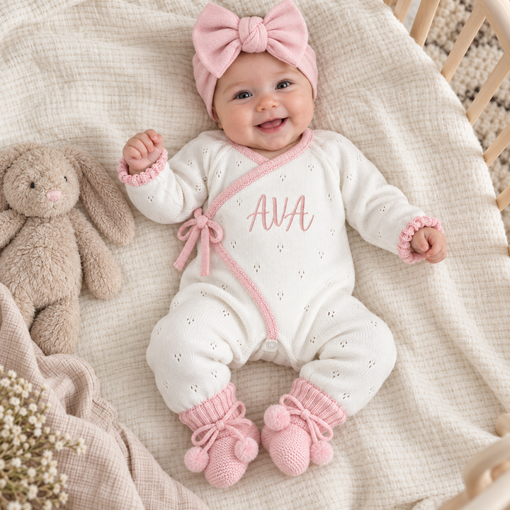 Personalized Baby Girl Organic Cotton Knit Romper – Custom Name Outfit