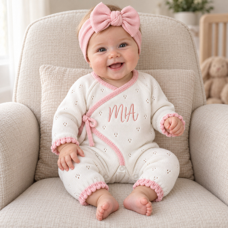 Personalized Baby Girl Organic Cotton Knit Romper – Custom Name Outfit