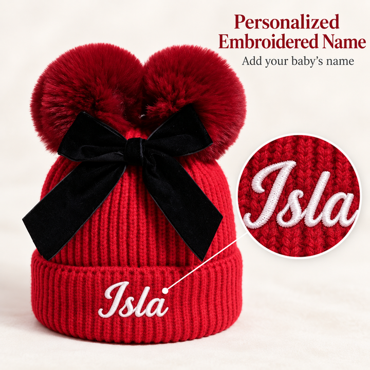Personalized Baby Double Pom-Pom Knit Hat with Bow – Custom Embroidered Name