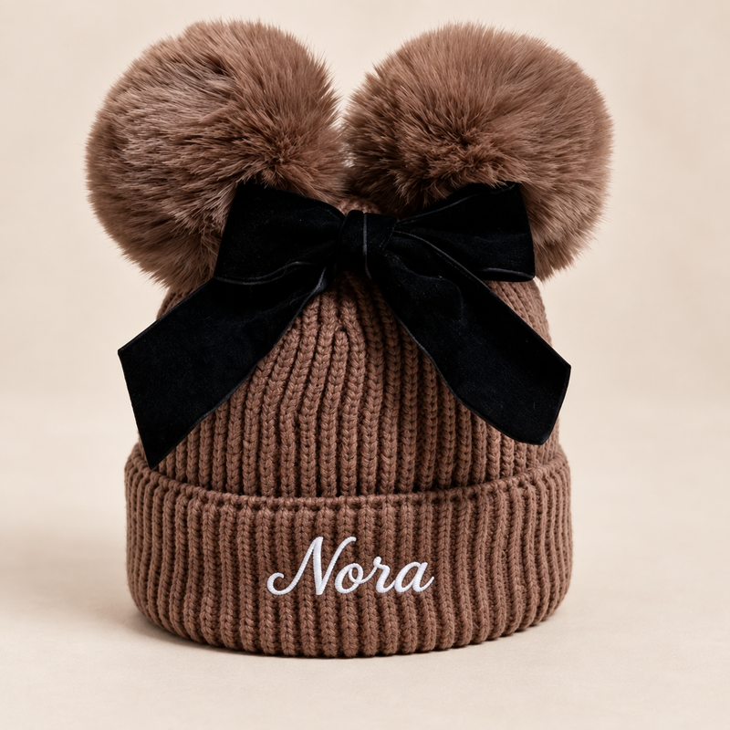 Personalized Baby Double Pom-Pom Knit Hat with Bow – Custom Embroidered Name