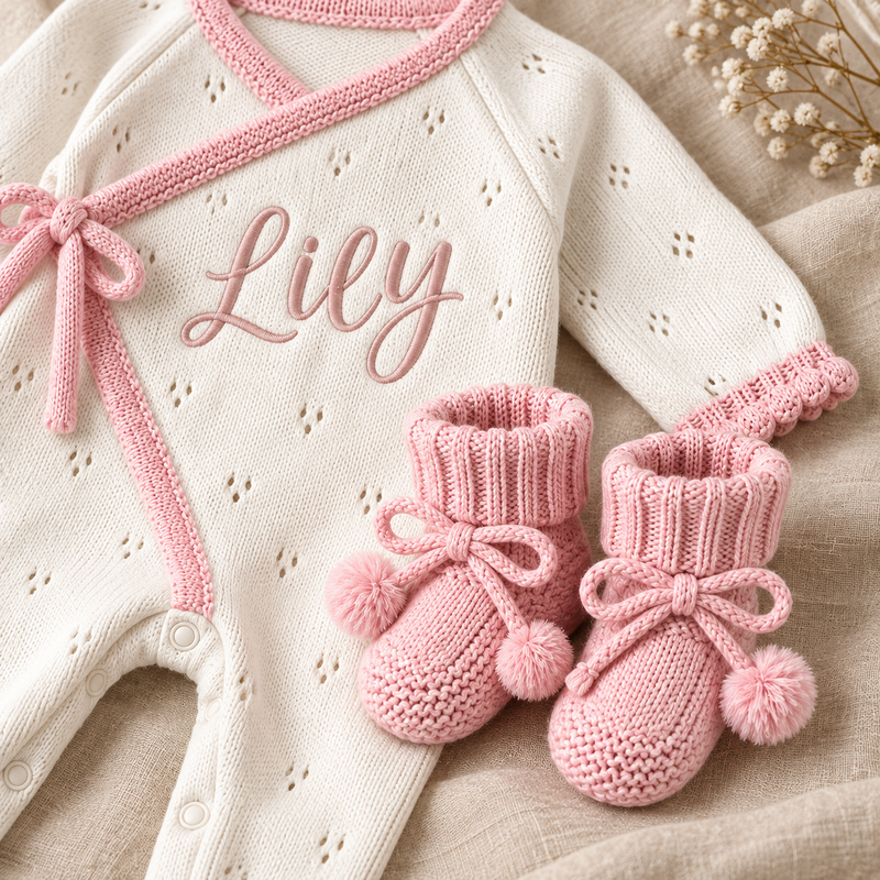 Personalized Baby Girl Organic Cotton Knit Romper – Custom Name Outfit
