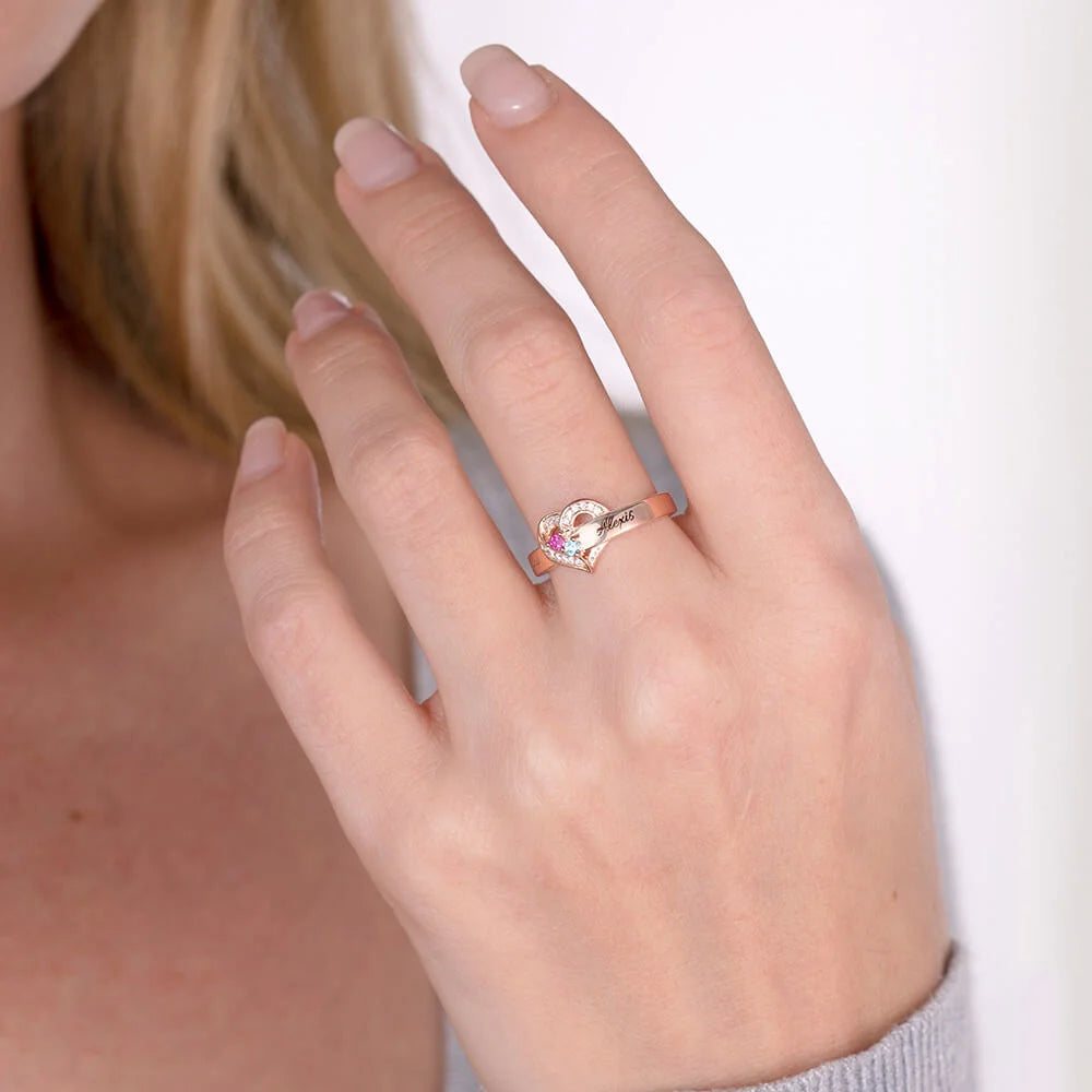 Where Hearts Meet, Love Gleams In Every Stone - Personalized 1-8 Birthstones Heart Family Ring
