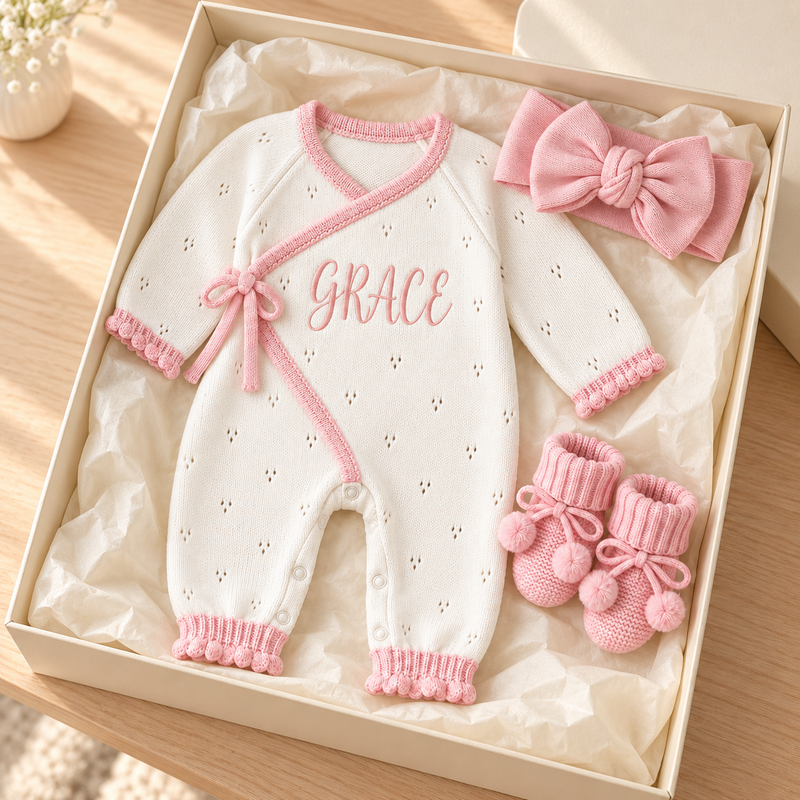 Personalized Baby Girl Organic Cotton Knit Romper – Custom Name Outfit