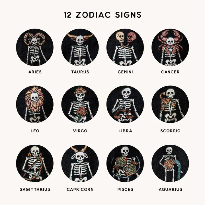 Personalized Gothic Skeleton Couple Woven Blanket – Custom Zodiac & Names Blanket