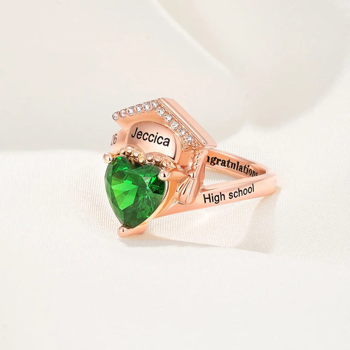 Personalized Zircon Grad Cap Heart Birthstone Ring