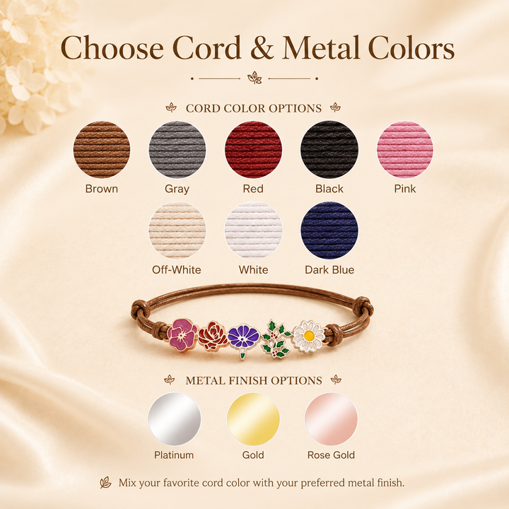 Personalized Birth Flower Bracelet for Mom – Custom Family Flower Bracelet with 1–8 Flowers