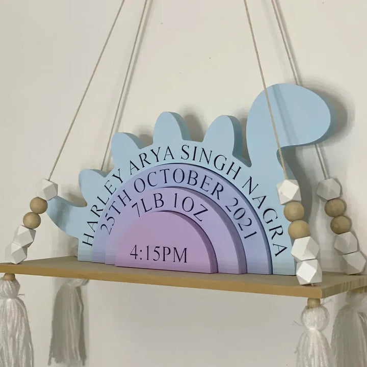 Personalized Dinosaur Birth Stats Wooden Stack – Custom Baby Name, Date, Time & Weight Keepsake Nursery Decor