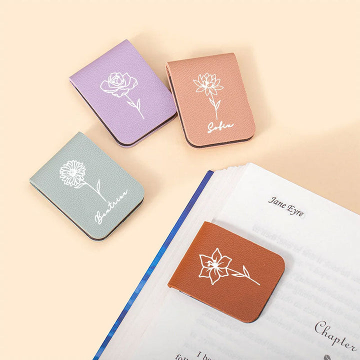 Custom Personalized Magnetic Leather Bookmark - With Name and Birthday Flowers