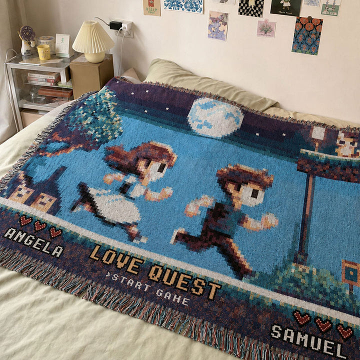Personalized Retro 8-Bit Gaming Couple Adventure Woven Blanket – Custom Gamer Love Story Throw Blanket with Names