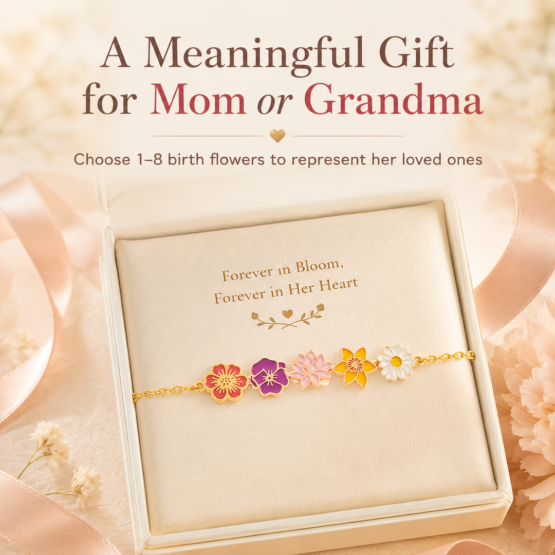 Personalized Birth Flower Chain Bracelet for Mom Grandma - Custom Family Flower Bracelet with 1–8 Flowers