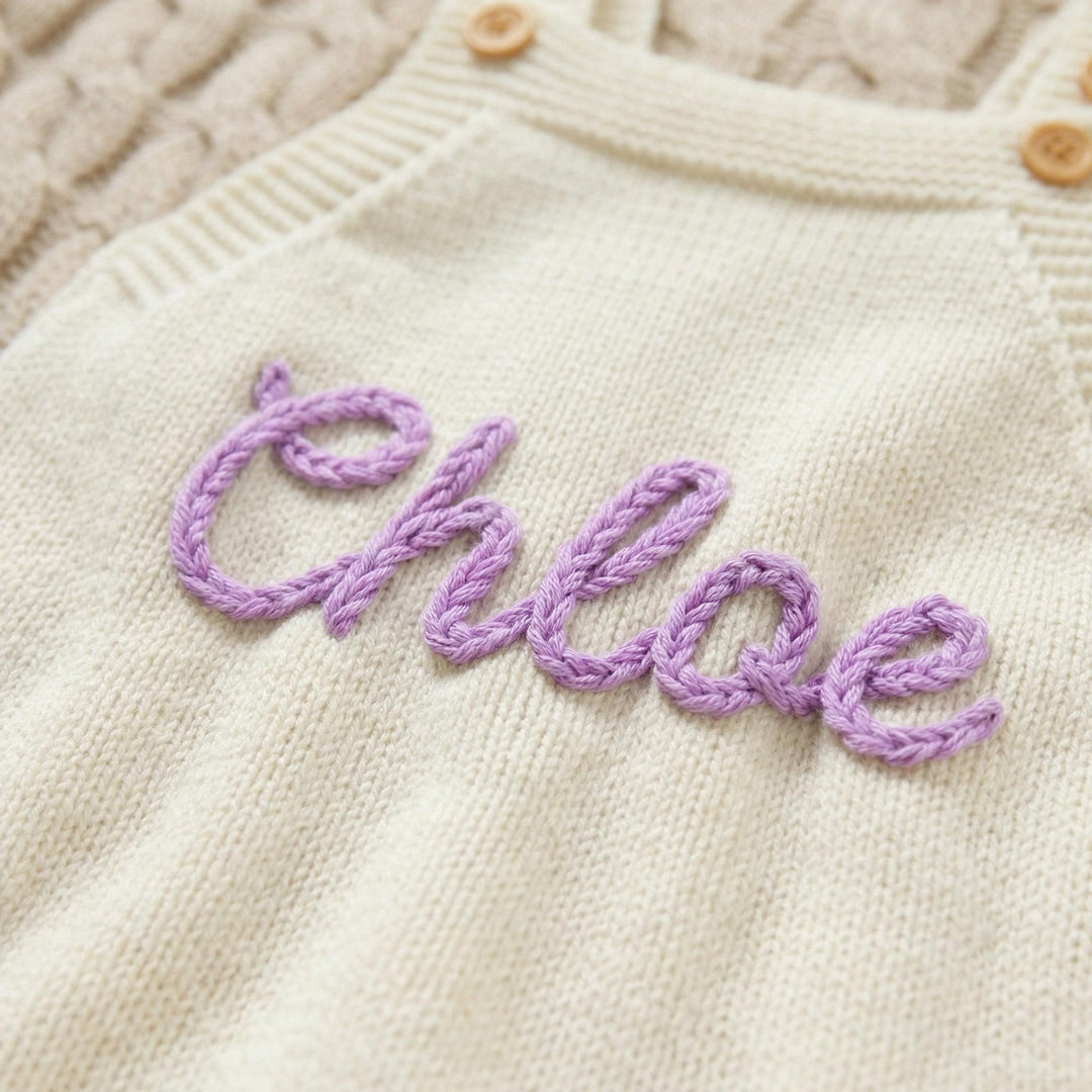 Personalized Hand-Embroidered Knit Baby Romper – Custom Name Baby Girl Outfit