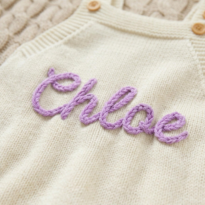 Personalized Hand-Embroidered Knit Baby Romper – Custom Name Baby Girl Outfit