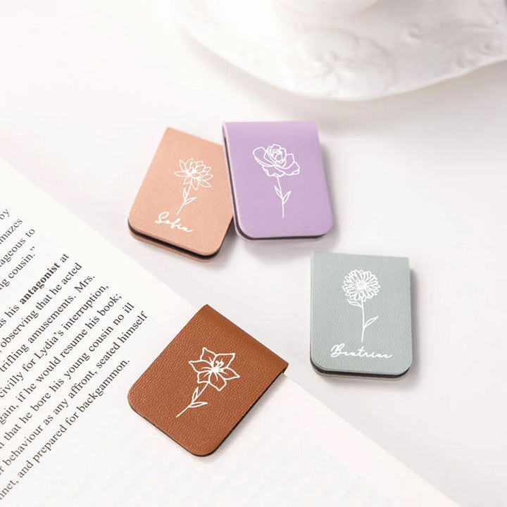 Custom Personalized Magnetic Leather Bookmark - With Name and Birthday Flowers