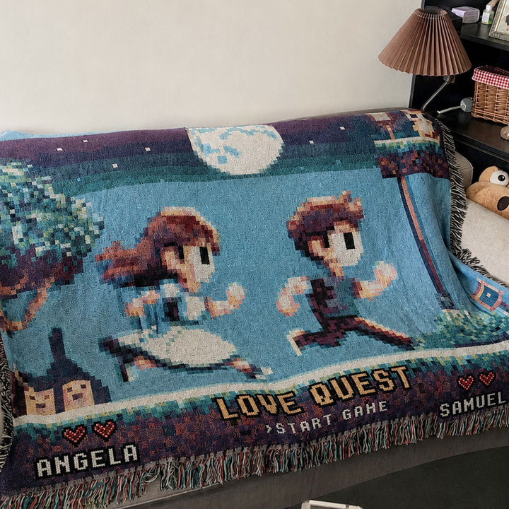 Personalized Retro 8-Bit Gaming Couple Adventure Woven Blanket – Custom Gamer Love Story Throw Blanket with Names