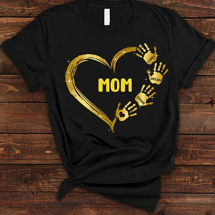 Personalized Colorful Heart Hand Print 100% Cotton T-Shirt Hoodie with Title and Kid Names