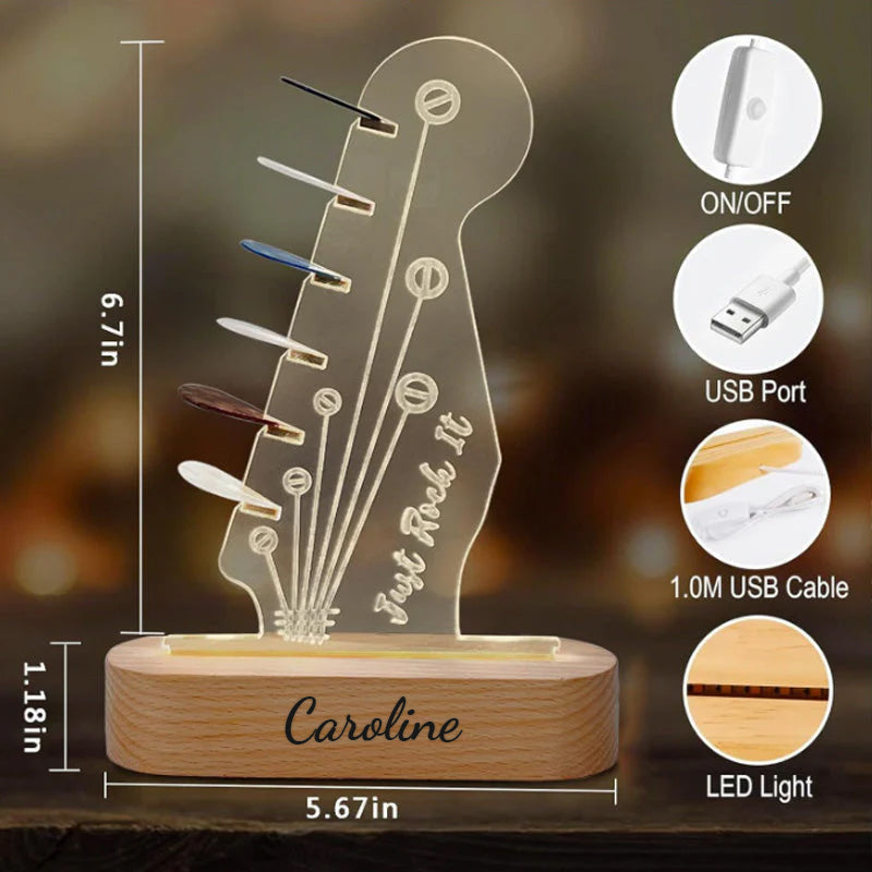Personalized 3D Night Light Wooden Guitar Pick Holder