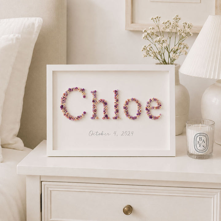 Personalized Dried Flower Name Frame – Custom Floral Wall Decor with Wooden Frame