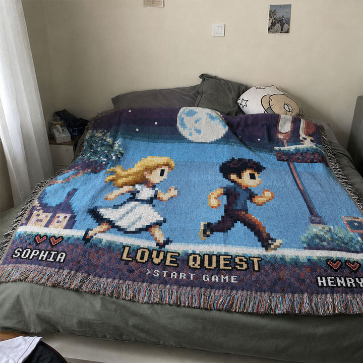 Personalized Retro 8-Bit Gaming Couple Adventure Woven Blanket – Custom Gamer Love Story Throw Blanket with Names