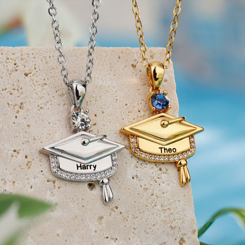 Personalized Graduation Cap Birthstone Necklace with Engraved Name and Year