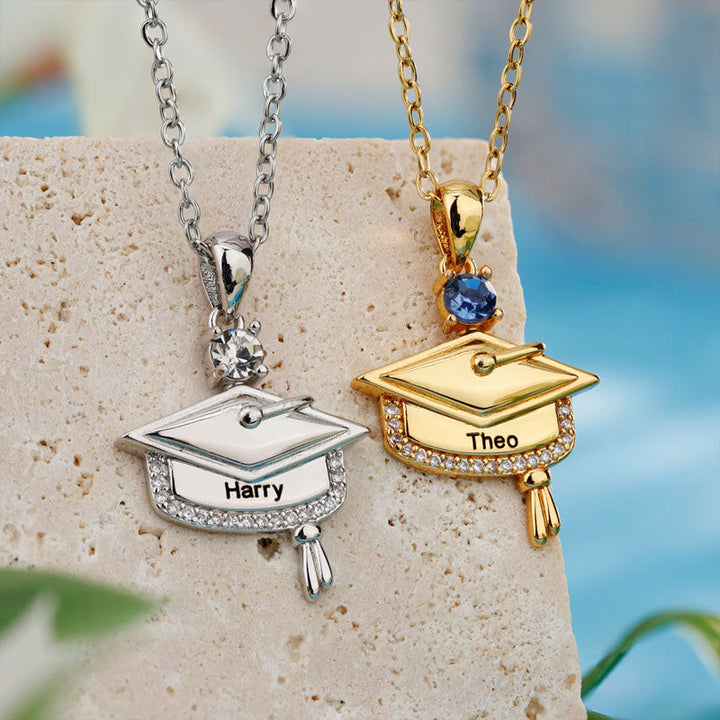 Personalized Graduation Cap Birthstone Necklace with Engraved Name and Year