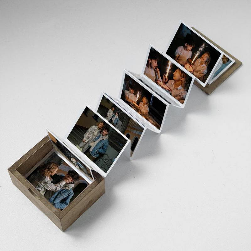 Custom Vintage Carved Color Printed Pull-Out Folding Photo Wooden Box