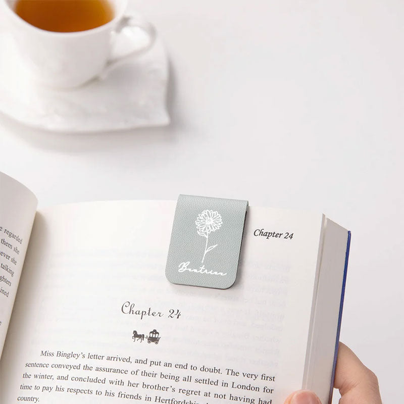 Custom Personalized Magnetic Leather Bookmark - With Name and Birthday Flowers