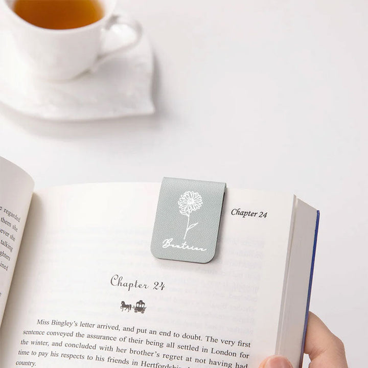Custom Personalized Magnetic Leather Bookmark - With Name and Birthday Flowers