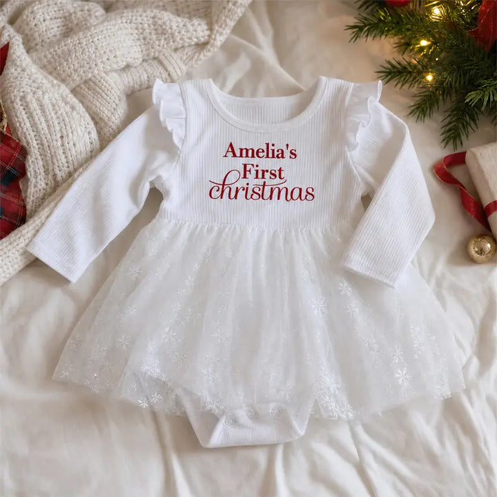 Personalized Baby Girl’s First Christmas Dress – Custom Name Tulle Bodysuit