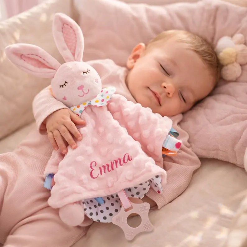 Personalized Baby Lovey Blanket,Custom Embroidered Name, Minky Dot Sensory Security Blanket