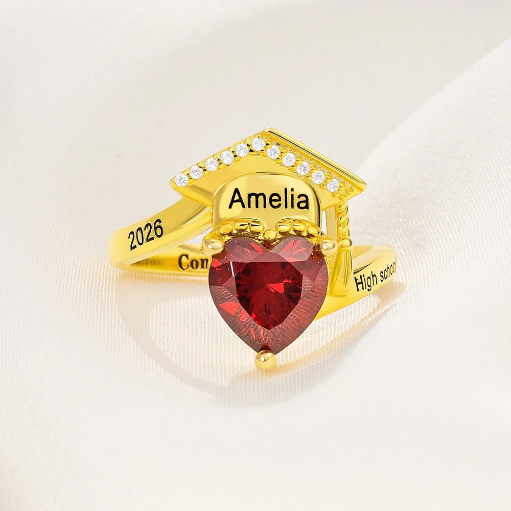 Personalized Zircon Grad Cap Heart Birthstone Ring