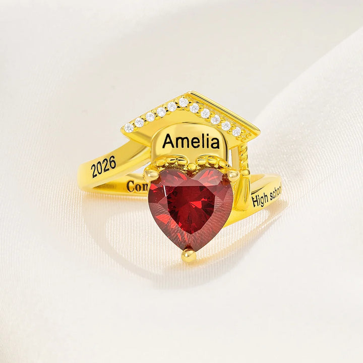 Personalized Zircon Grad Cap Heart Birthstone Ring