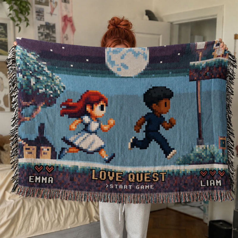 Personalized Retro 8-Bit Gaming Couple Adventure Woven Blanket – Custom Gamer Love Story Throw Blanket with Names