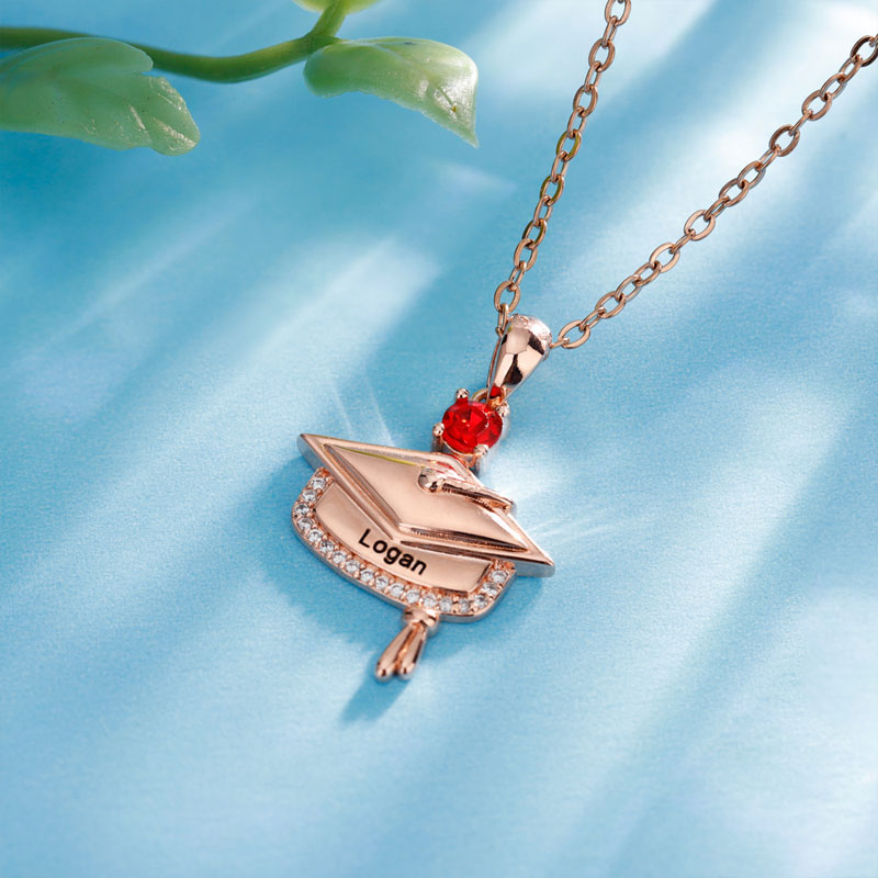 Personalized Graduation Cap Birthstone Necklace with Engraved Name and Year