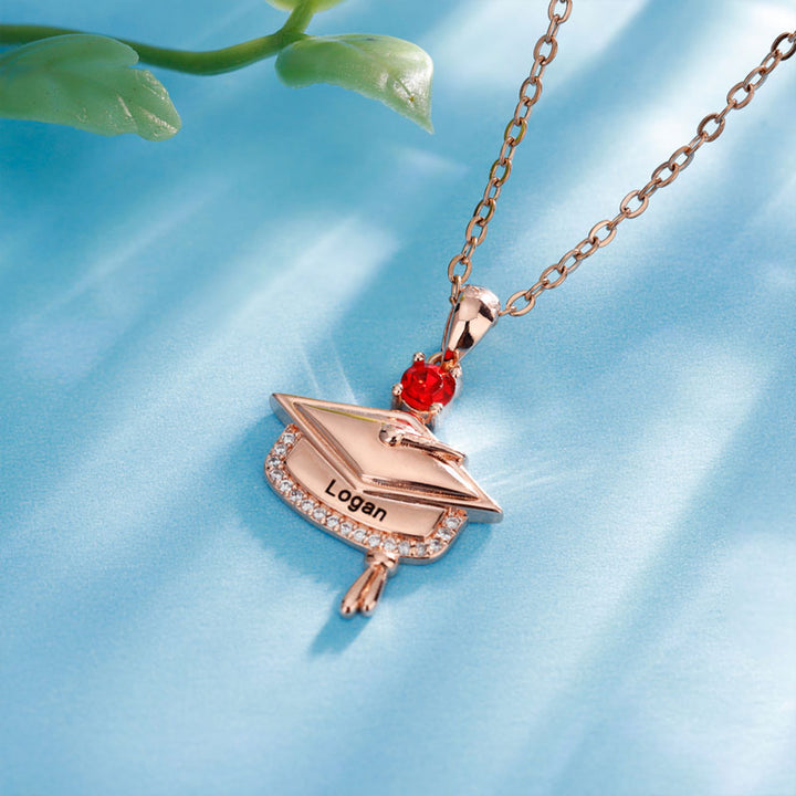 Personalized Graduation Cap Birthstone Necklace with Engraved Name and Year