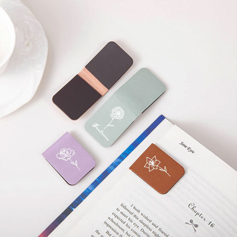 Custom Personalized Magnetic Leather Bookmark - With Name and Birthday Flowers