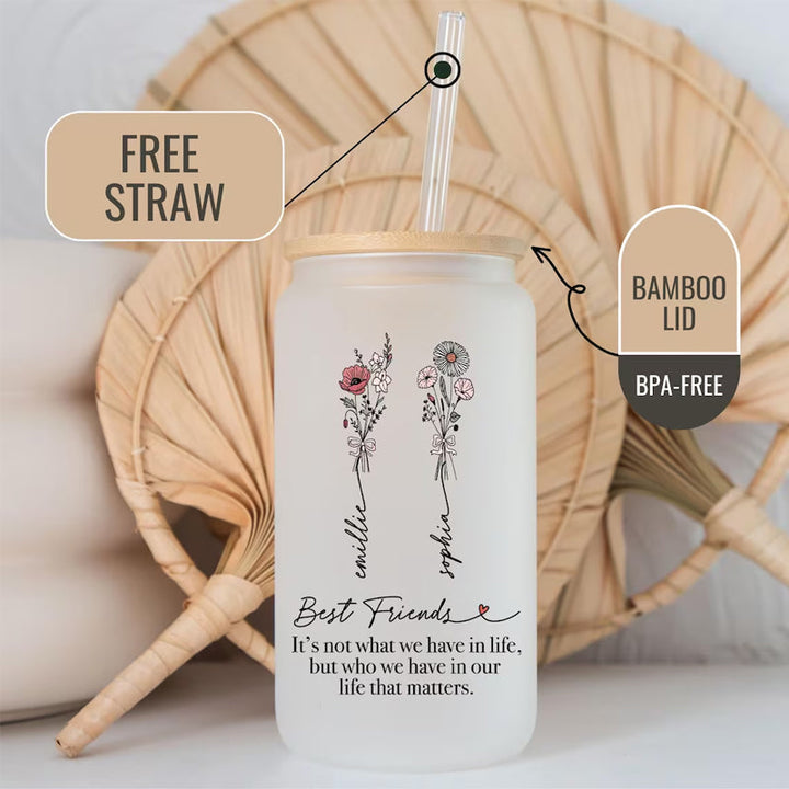 Personalized Best Friends Birthday Flower Frosted Straw Glass