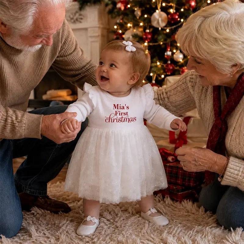 Personalized Baby Girl’s First Christmas Dress – Custom Name Tulle Bodysuit