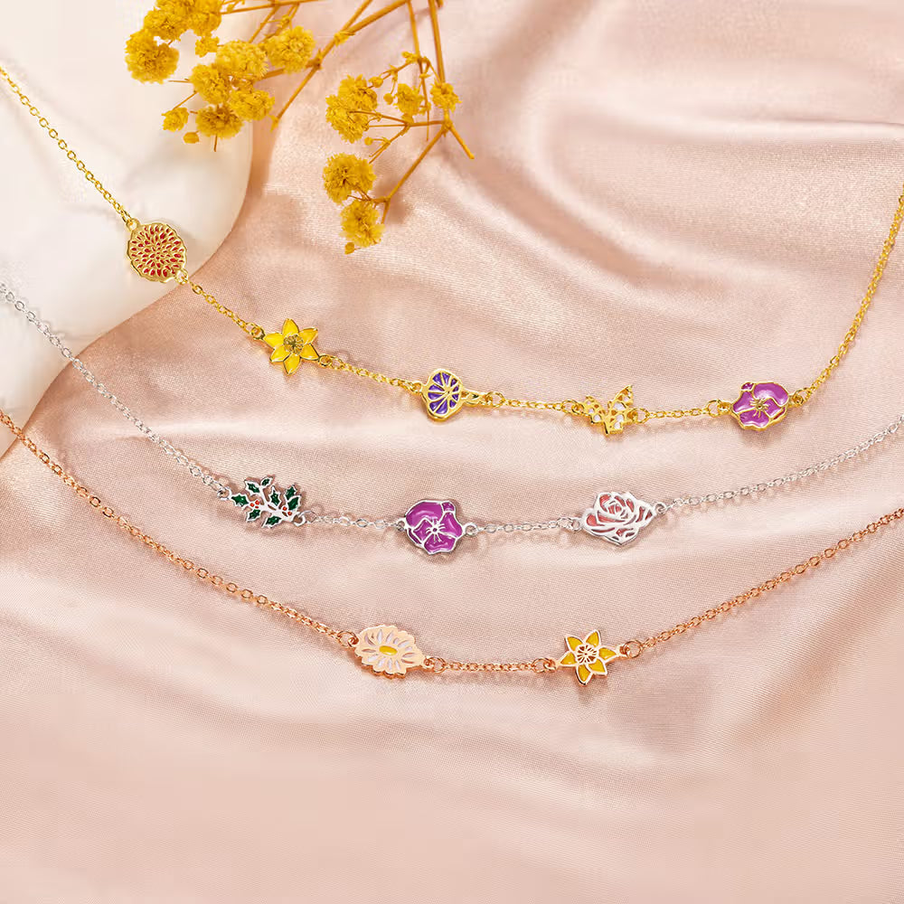 Personalized Dainty 1-8 Colorful Birth Flower Sideway Necklace Family Jewelry Birthday Anniversary Gift for Women