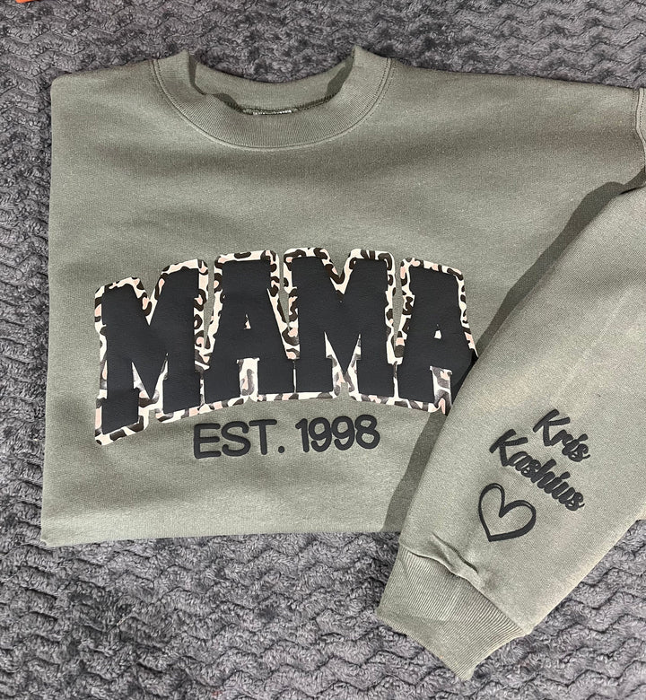 Mama Leopard Puff Print Personalized Sweatshirt or Hoodie with Kids Name Sleeve Gift Sweatshirt New Mom Sweatshirts gift