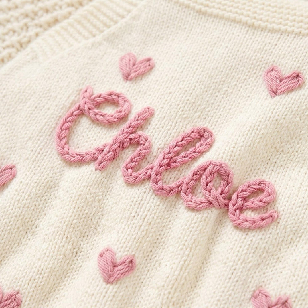 Personalized Hand-Embroidered Knit Baby Romper – Custom Name Baby Girl Outfit