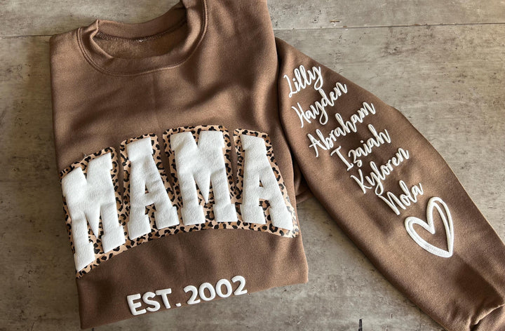 Mama Leopard Puff Print Personalized Sweatshirt or Hoodie with Kids Name Sleeve Gift Sweatshirt New Mom Sweatshirts gift