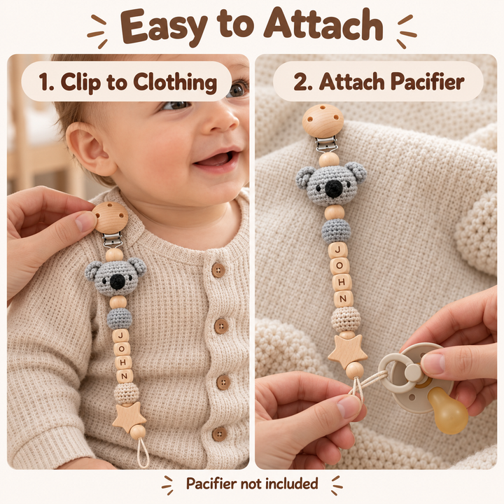 Personalized Crochet Animal Pacifier Clip – Custom Baby Name Gift