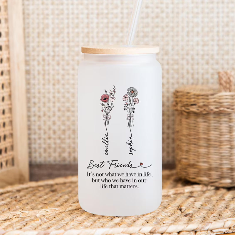 Personalized Best Friends Birthday Flower Frosted Straw Glass