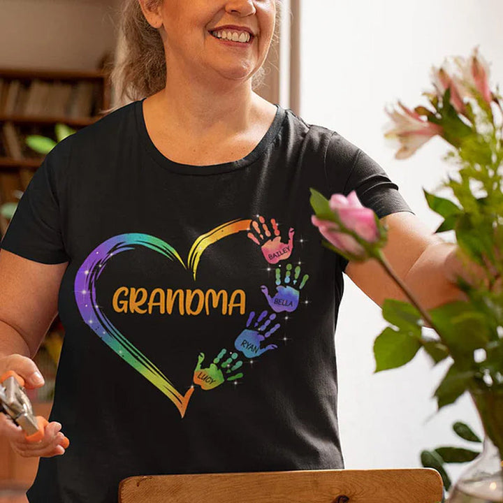 Personalized Colorful Heart Hand Print 100% Cotton T-Shirt Hoodie with Title and Kid Names